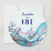 9歳の誕生日 水彩人魚 海の下 招待状 (正面)