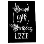 9歳の誕生日：華麗でエレガントなスクリプト + オーダーメイドのお名前 ミディアムペーパーバッグ (正面)