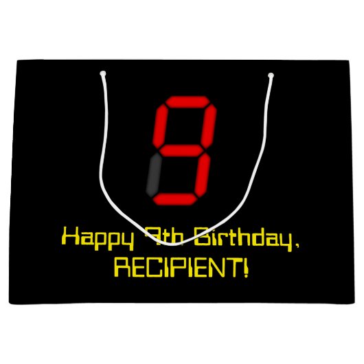 9歳の誕生日：赤いデジタル時計スタイルの「9」+ 名前 ラージペーパーバッグ (正面)