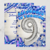 9歳の誕生日 銀と青 お祝い 男の子のパーティー 招待状 (正面/裏面)