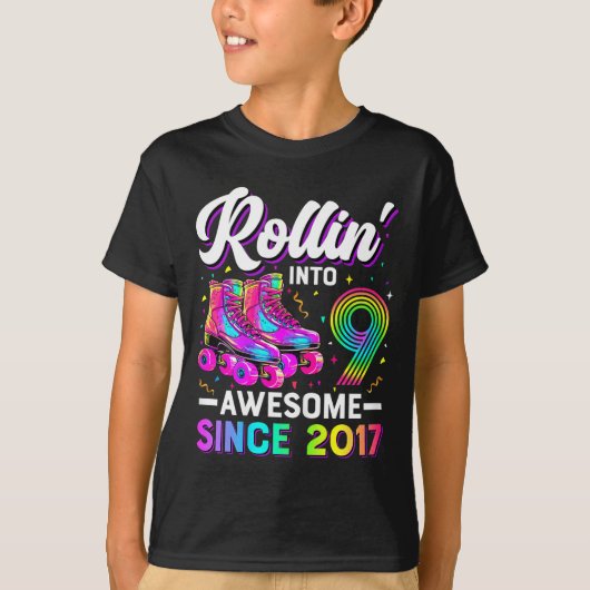 9歳の誕生日Tシャツ 女の子 ローラー スケーター Tシャツ (正面)
