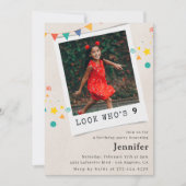 9歳シンプルの誕生日招待状ガールフォト 招待状 (正面)