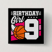 9歳バスケットボールパーティー9th誕生日ガール 缶バッジ (正面)