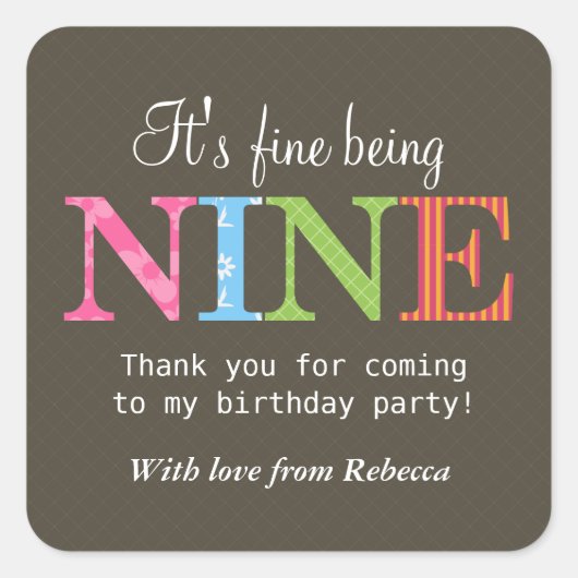 9歳パターン（の模様が）あるの誕生日パーティーステッカー スクエアシール (正面)