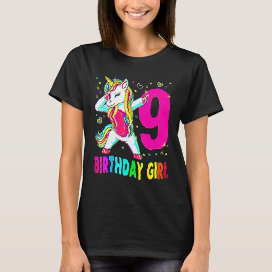 9歳ユニコーンダビング9歳誕生日ガールユニック Tシャツ (正面)