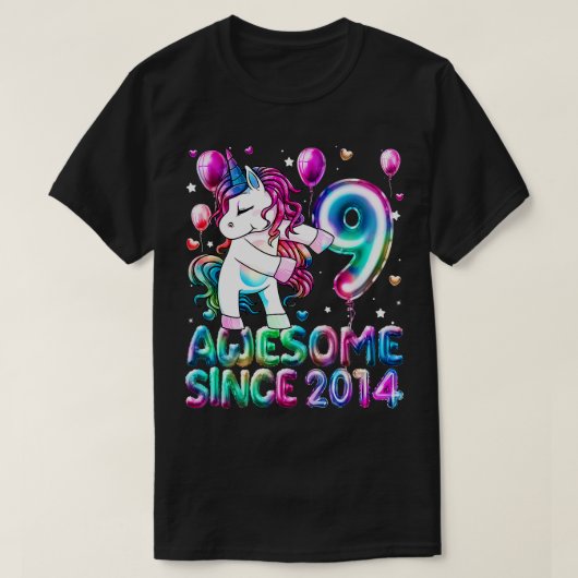 9歳ユニコーンフロッシング9誕生日ガールウニ Tシャツ (デザイン正面)
