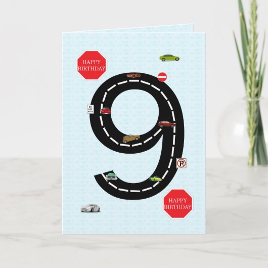 9歳9歳9歳の誕生日おもちゃ車と道路 カード (正面)