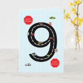 9歳9歳9歳の誕生日おもちゃ車と道路 カード (黄色い花)