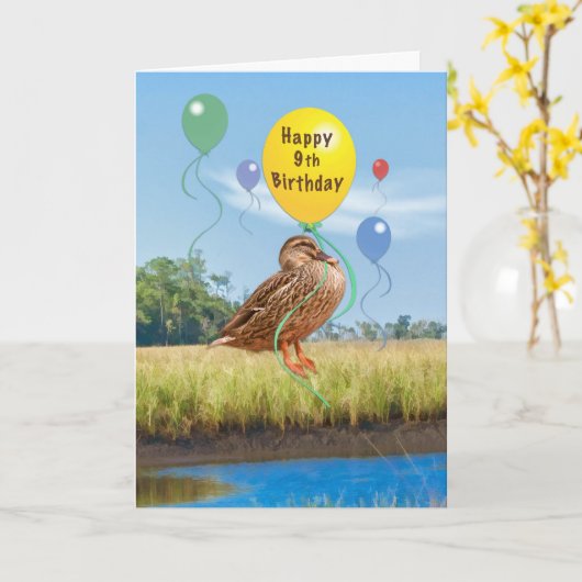 9番目の誕生日カード(アヒルと風船付き) カード (黄色い花)