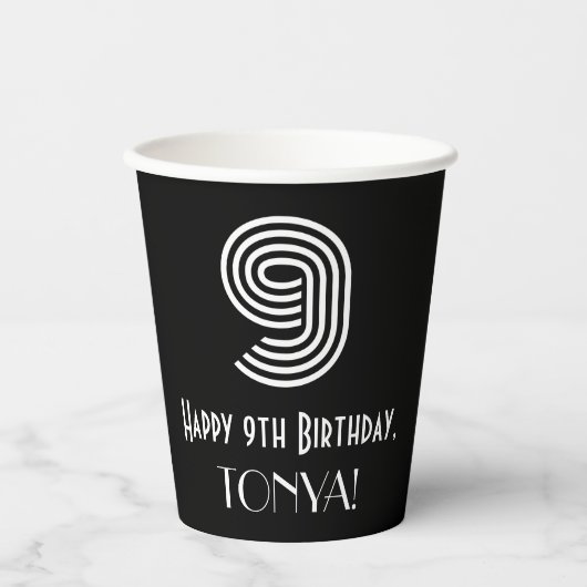 9番目の誕生日:インスパイアアールデコの外観：「9」 +名前 紙コップ (正面)