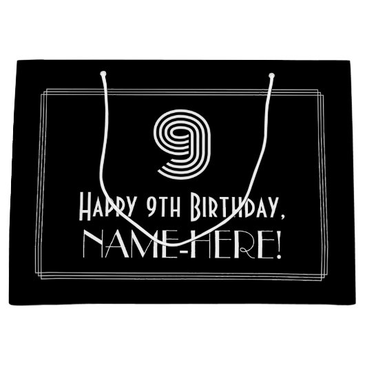 9番目の誕生日:インスパイアアールデコの「9」の外観と名前 ラージペーパーバッグ (正面)