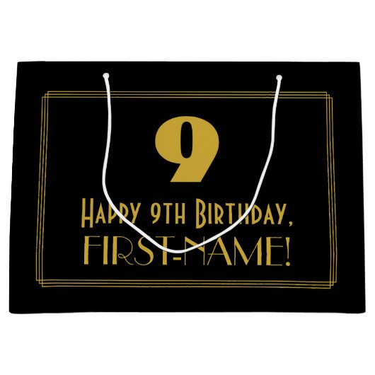 9番目の誕生日:インスパイアアールデコの「9」の外観と名前 ラージペーパーバッグ (正面)