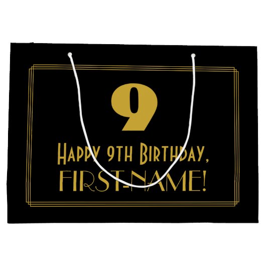 9番目の誕生日:インスパイアアールデコの「9」の外観と名前 ラージペーパーバッグ (裏面)