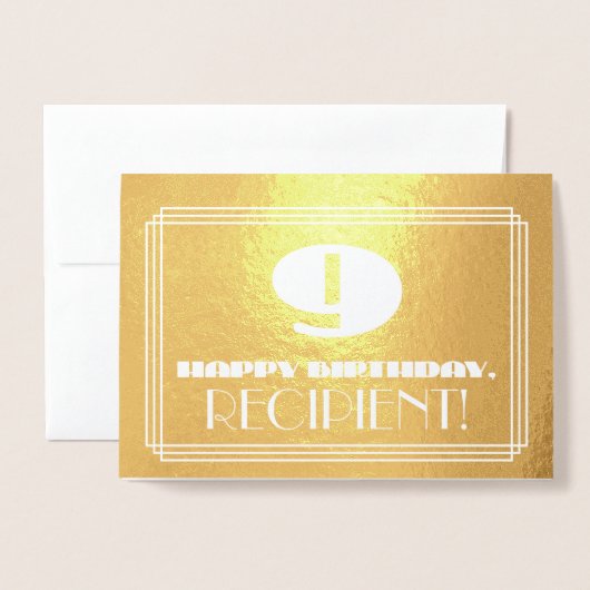 9番目の誕生日:名前+アールデコインスパイアルックス「9」 箔カード (封筒付き正面)