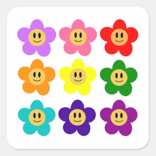 9色のレインボープライドカラーの花 LGBT スクエアシール (正面)