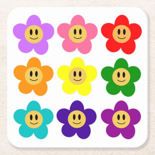 9色のレインボープライドカラーの花 LGBT スクエアペーパーコースター (正面)