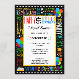 9誕生日おもしろいカラー熱狂する文字オンブラックパーティー 招待状
