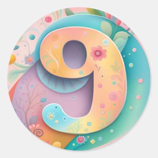 9誕生日ウィムシーカラフルアートフラワーボタニカル ラウンドシール (正面)