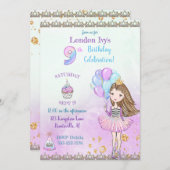 9誕生日ガールプリンセスカップケーキバルーン 招待状 (正面/裏面)