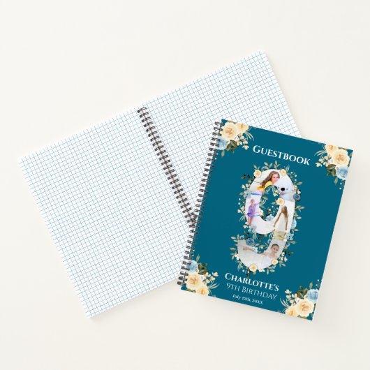 9誕生日ティール（緑がかった色）フラワーフォトイエローゲストブック ノートブック (内部)