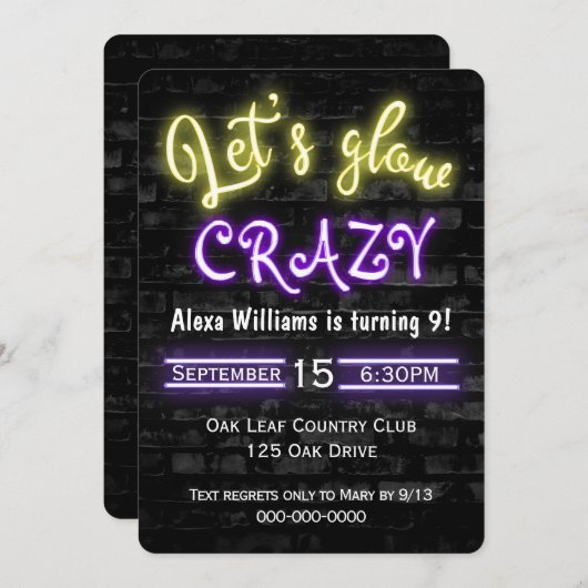 9誕生日ネオングローサインオンブリックウォール 招待状 (正面/裏面)