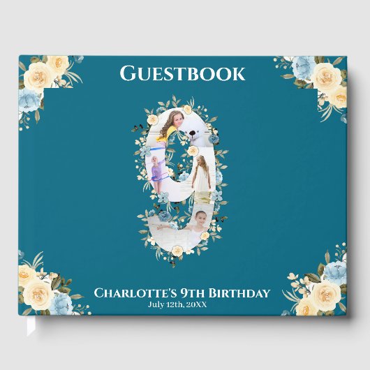9誕生日フラワーティール（緑がかった色）フォトコラージブルーイエロー ゲストブック (正面)