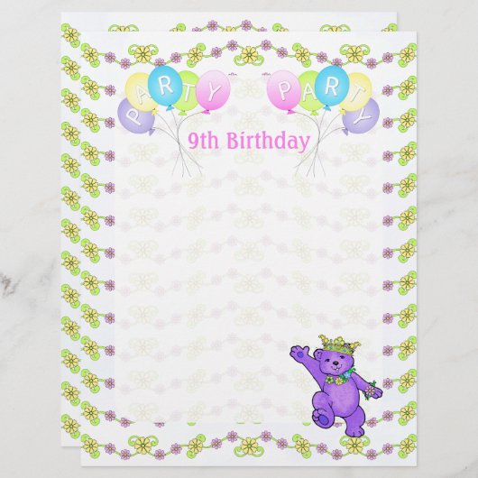 9誕生日プリンセスベアパーティースクラップブック紙1 (正面/裏面)