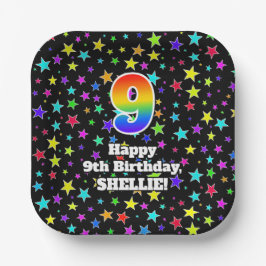 9誕生日:おもしろいスター柄と虹「9」 ペーパープレート