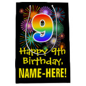 9誕生日:おもしろい花火パターン+虹9 ミディアムペーパーバッグ (正面)