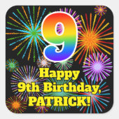 9誕生日:おもしろい花火ルック、レインボー# 9 スクエアシール (正面)