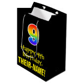 9誕生日:おもしろい, はっきりした, カラフル, Rainbow "9" ミディアムペーパーバッグ (正面アングル)