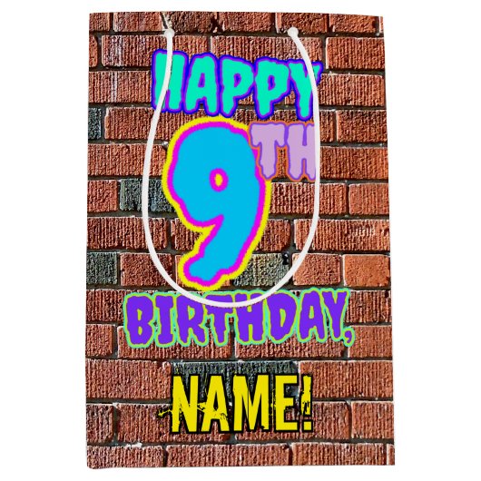 9誕生日:おもしろい、アーバングラフィティインスパイアルック ミディアムペーパーバッグ (正面)