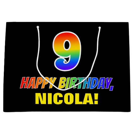 9誕生日:はっきりした,おもしろい,シンプルレインボー9 ラージペーパーバッグ (正面)