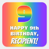 9誕生日: カラフルおもしろいレインボーパターン# 9 スクエアシール (正面)