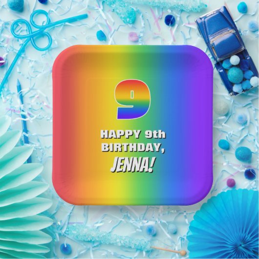 9誕生日: カラフルおもしろいレインボーパターン# 9 ペーパープレート (パーティー)