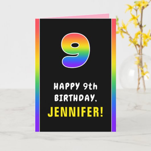9誕生日:カラフルレインボー9、名前をカスタムする カード (黄色い花)