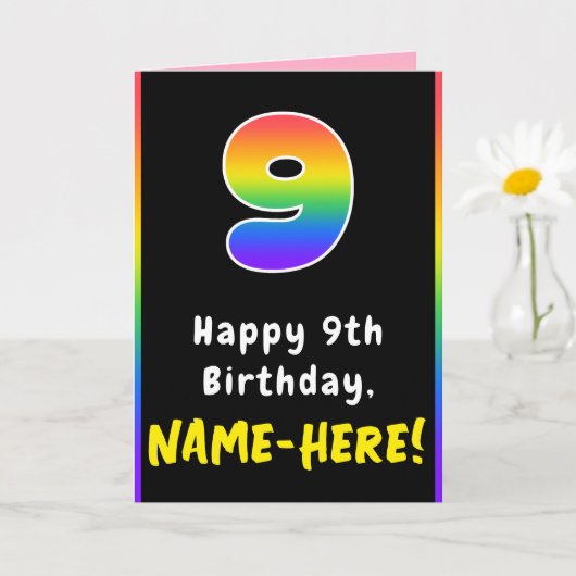 9誕生日:カラフルレインボー9、名前をカスタムする カード (小さな植物)