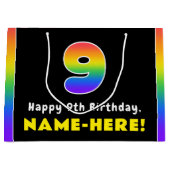 9誕生日:カラフルレインボー9、名前をカスタムする ラージペーパーバッグ (正面)