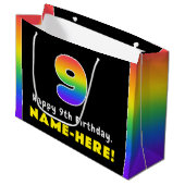 9誕生日:カラフルレインボー9、名前をカスタムする ラージペーパーバッグ (正面アングル)