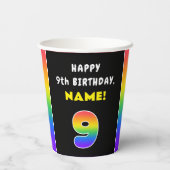 9誕生日:カラフルレインボー9、名前をカスタムする 紙コップ (裏面)