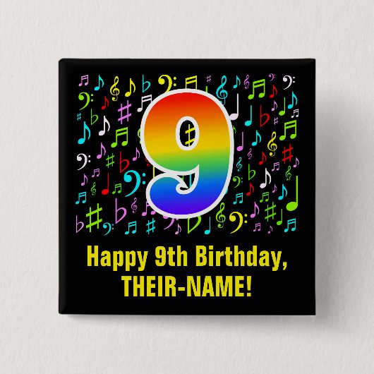 9誕生日:カラフル音楽シンボル、虹9 缶バッジ (正面)