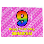9誕生日:ピンクストライプのハート、レインボー# 9 ラージペーパーバッグ (裏面)