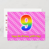 9誕生日:ピンクストライプハート、レインボー9 ポストカード (正面/裏面)