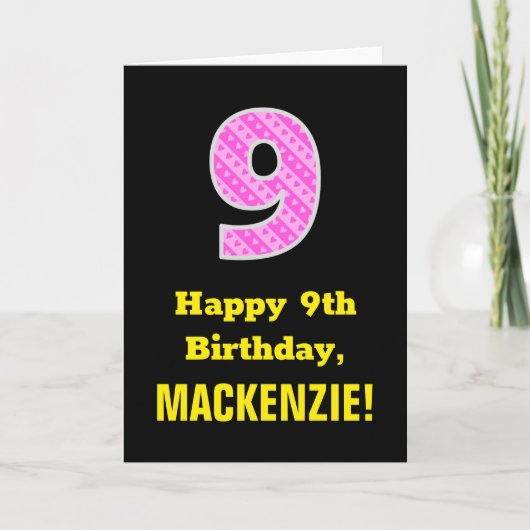 9誕生日:ピンクストライプ色のハートと"9" +名前 カード (正面)