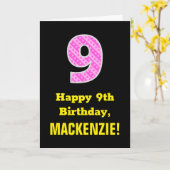 9誕生日:ピンクストライプ色のハートと"9" +名前 カード (黄色い花)