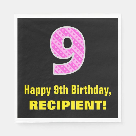 9誕生日:ピンクストライプ色のハートと"9" +名前 スタンダードランチョンナプキン (正面)