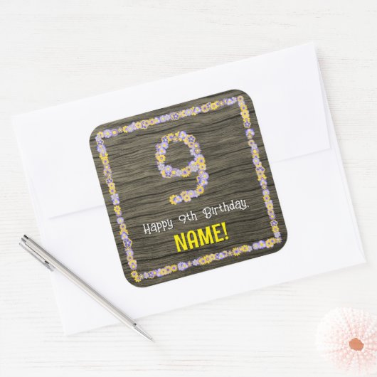 9誕生日:フローラ番号、フェイク木目、名前 スクエアシール (封筒)