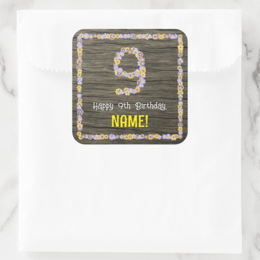 9誕生日:フローラ番号、フェイク木目、名前 スクエアシール (バッグ)