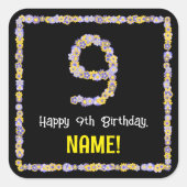 9誕生日:フローラ花数名前をカスタムする スクエアシール (正面)