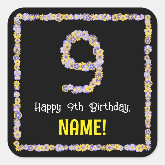 9誕生日:フローラ花数名前をカスタムする スクエアシール (正面)